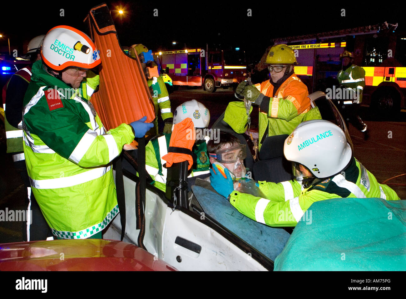Road Traffic Accident Simulation in Chesterfield Derbyshire involving Police, Paramedics, Fire, Services and volunteer victims Stock Photo
