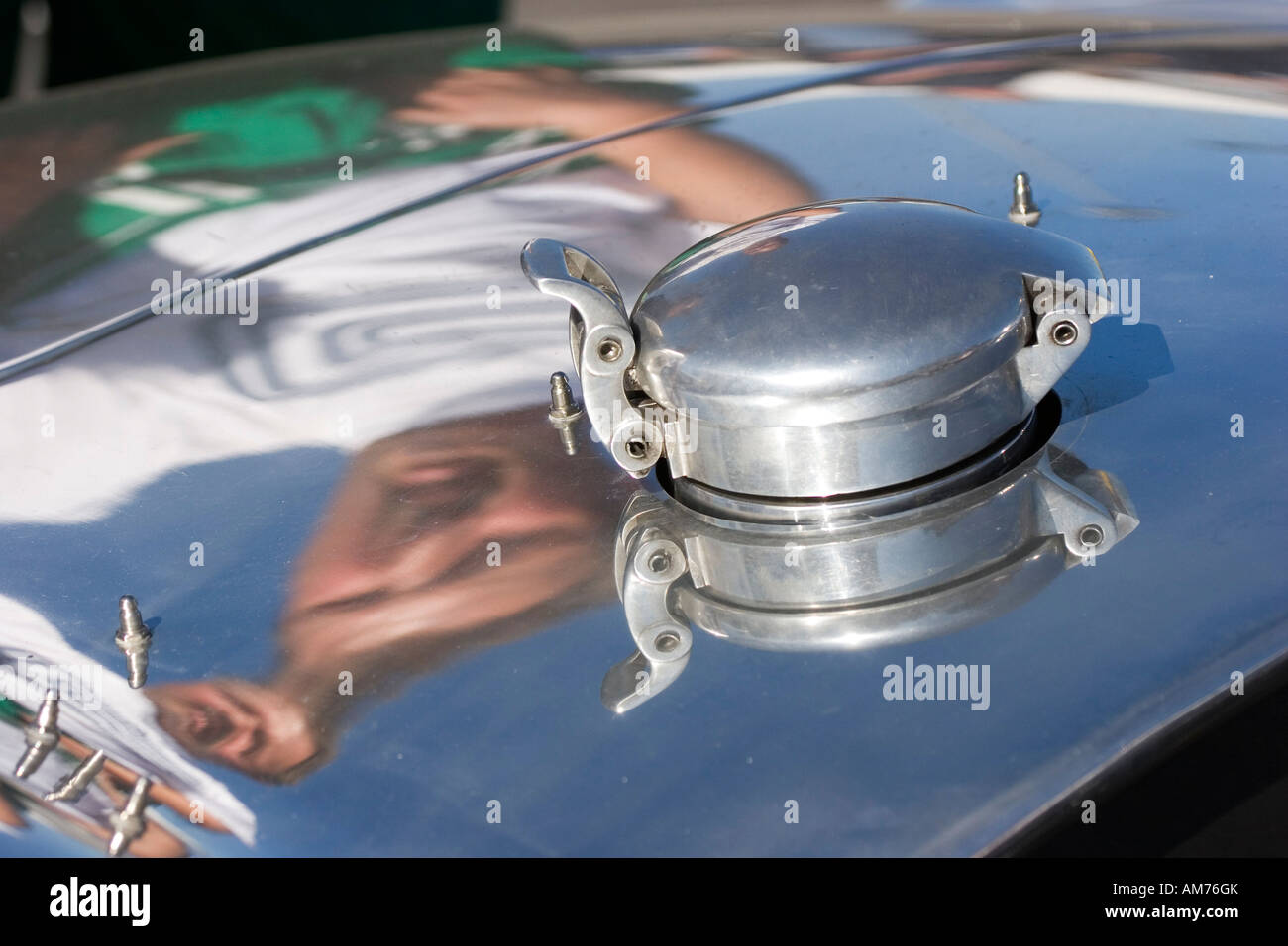 Gas cap of the AC Cobra 427, reflexion of the driver, Nuerburgring Classic 2007 Stock Photo