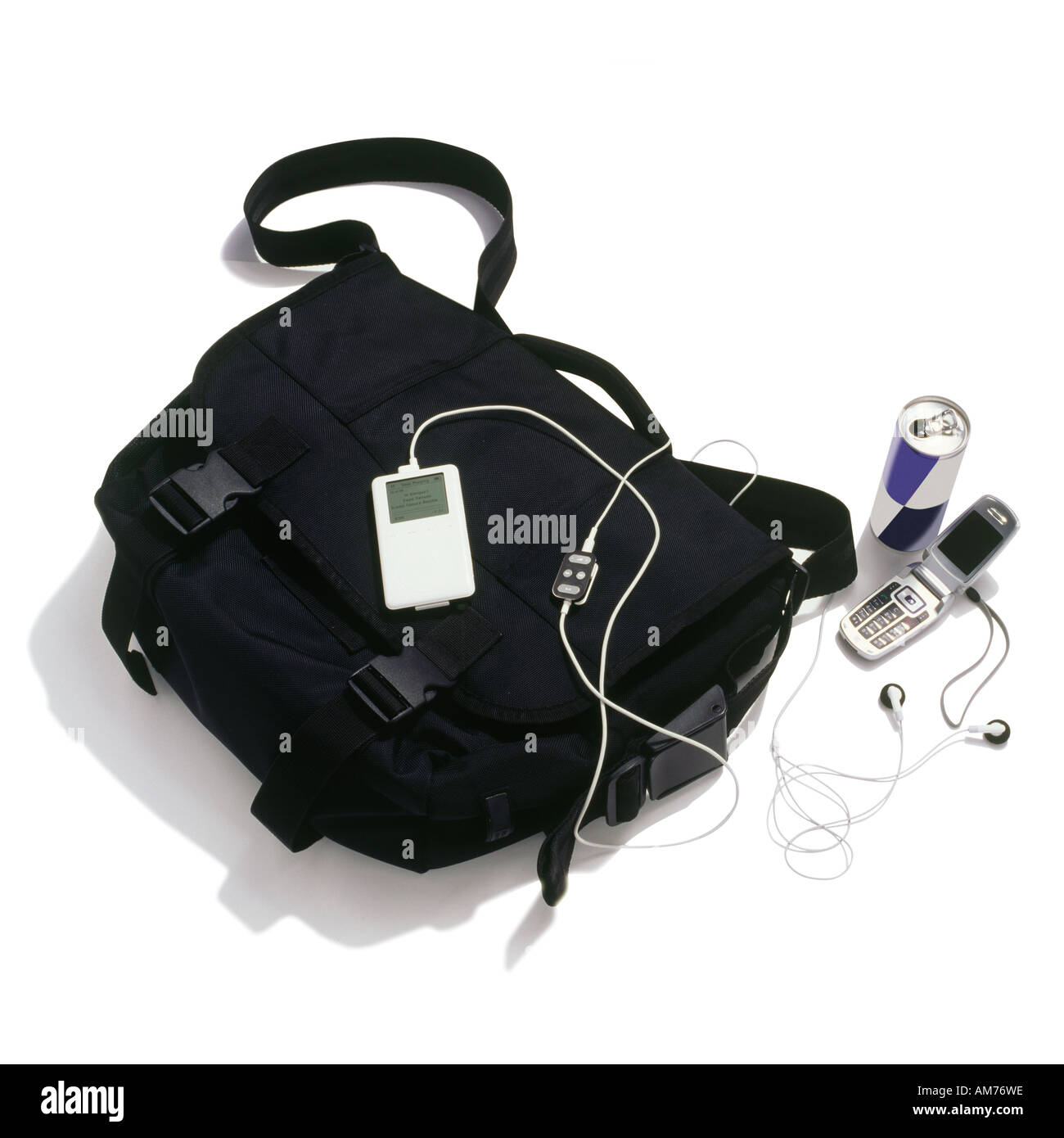 A black shoulder bag and contents Stock Photo