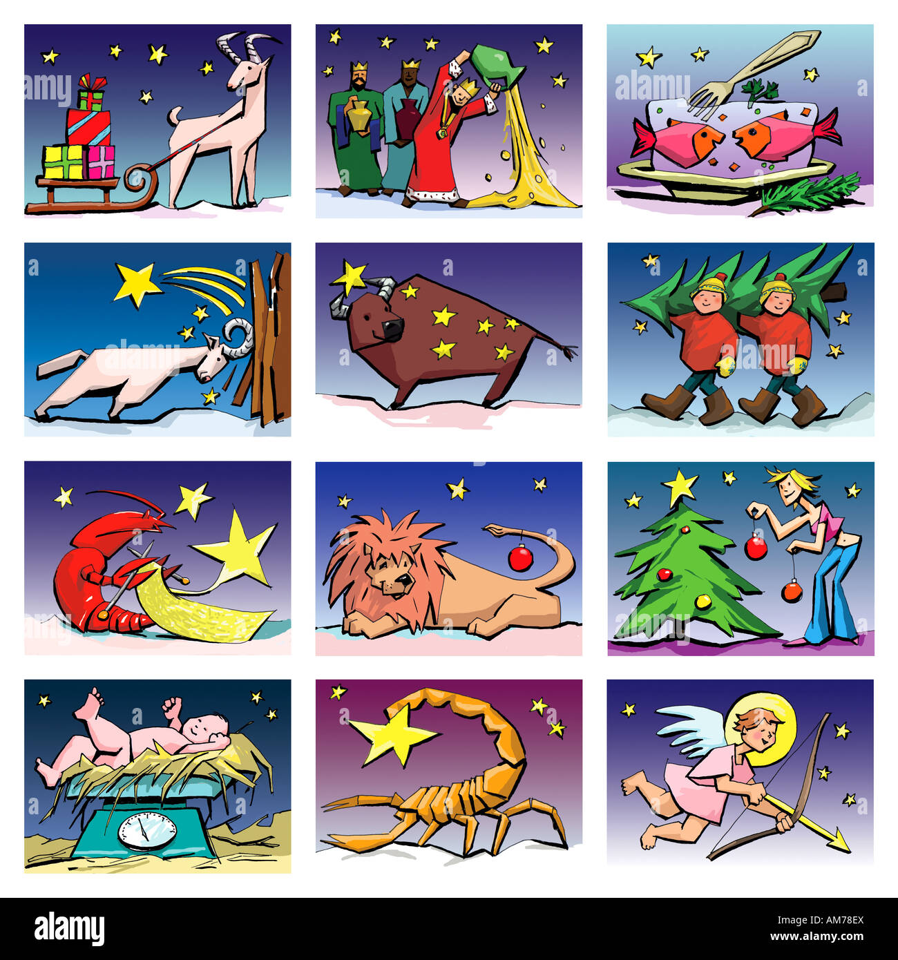 Sequence of illustrations showing Christmas horoscope - 12 zodiac signs inspired by Christmas Stock Photo