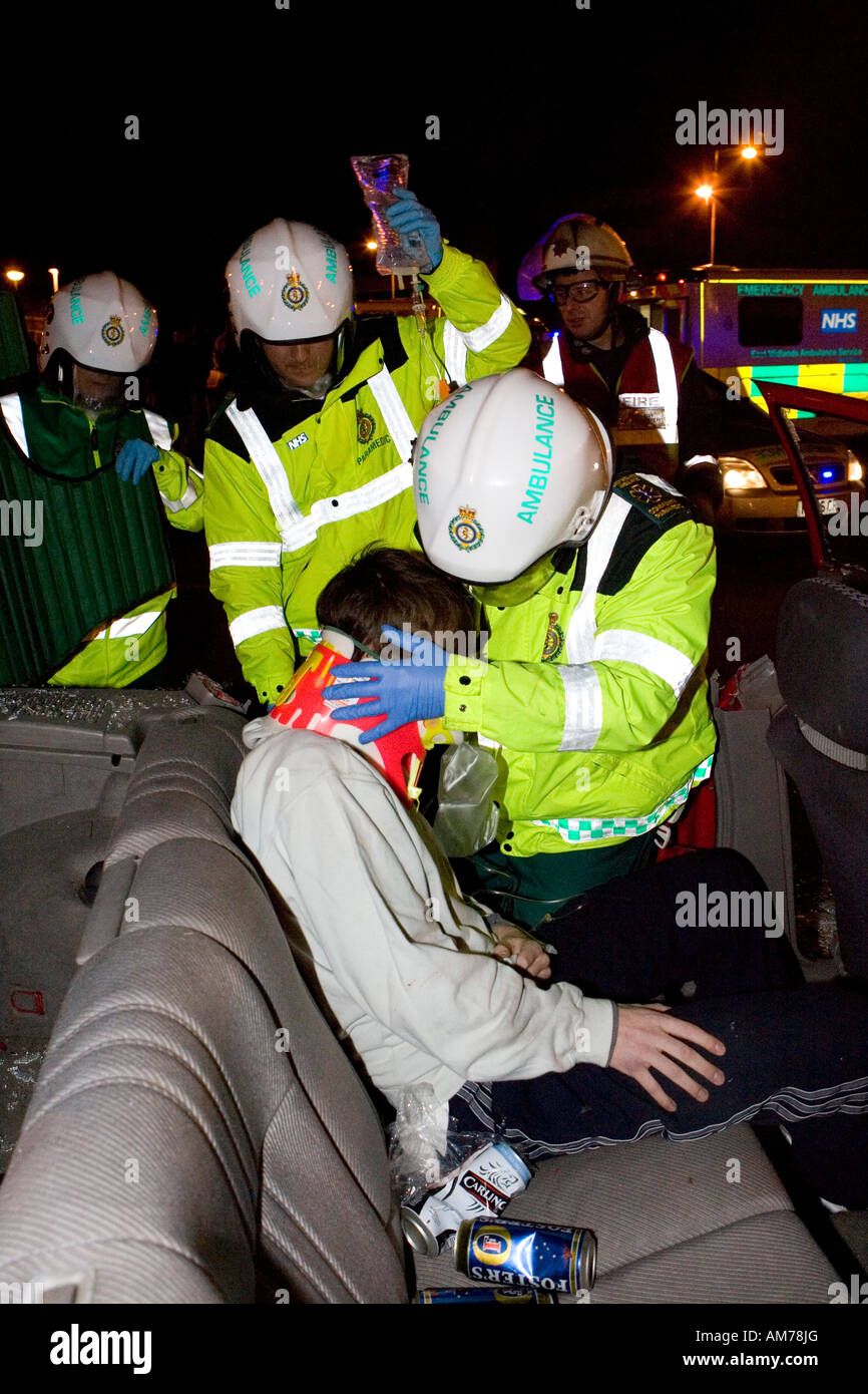 Road Traffic Accident Simulation in Chesterfield Derbyshire involving Police, Paramedics, Fire, Services and volunteer victims Stock Photo