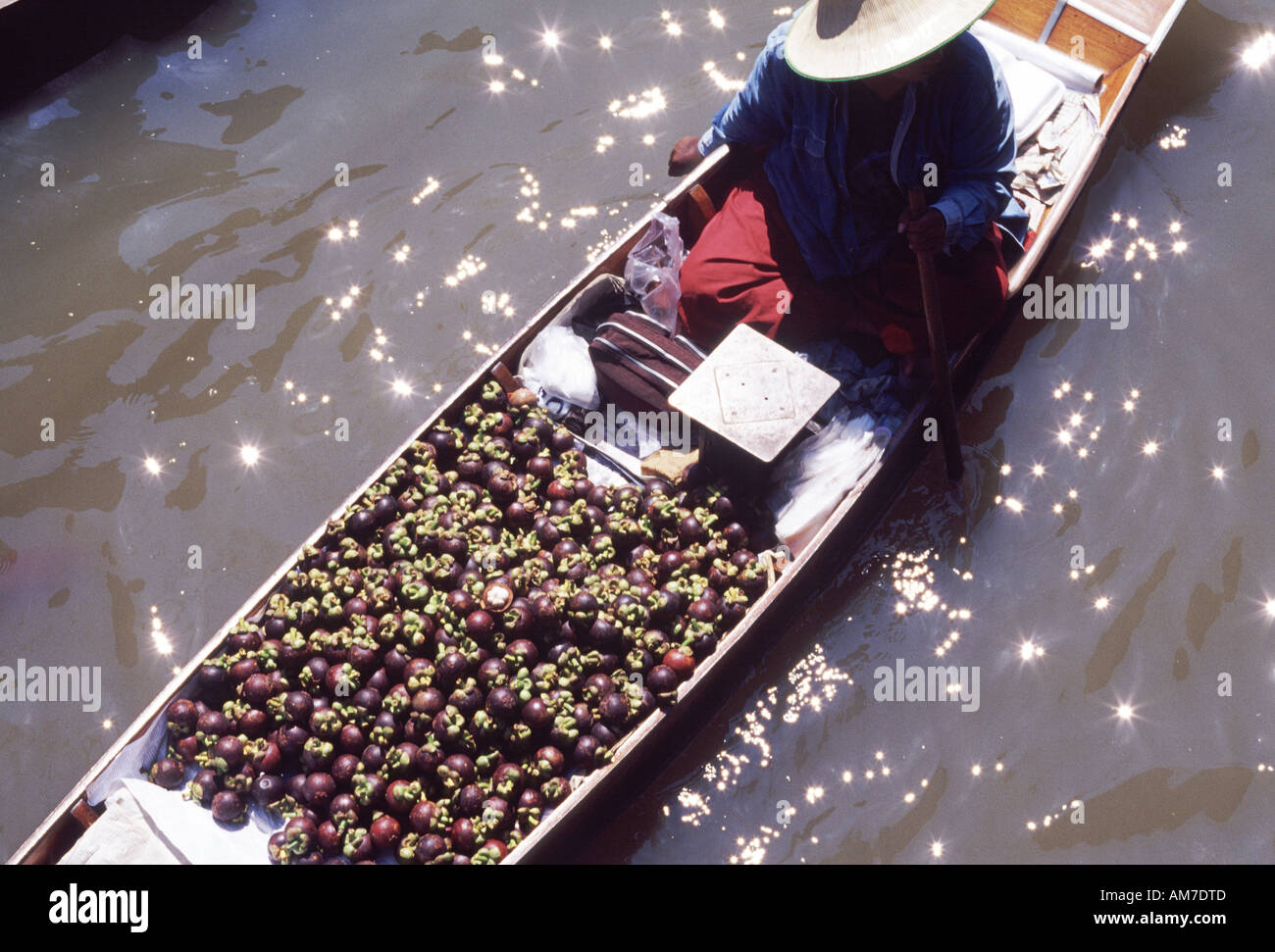 Floating market at Damneurnsaduak Thailand Image of a fruit seller on her boat selling mangosteens Stock Photo