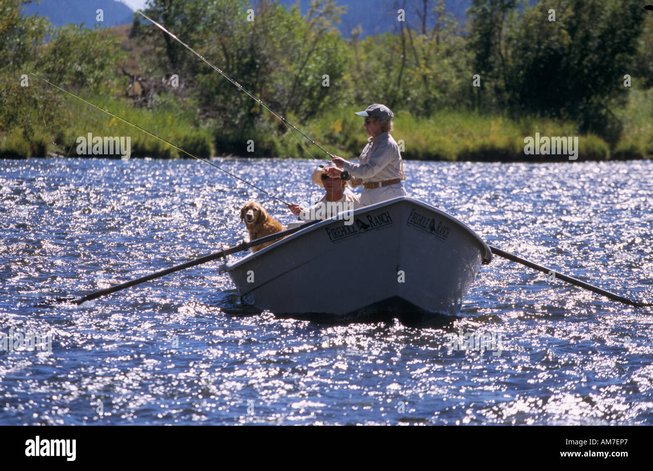 Fly fishing from drift boat Madison River Montana USA horizontal Stock