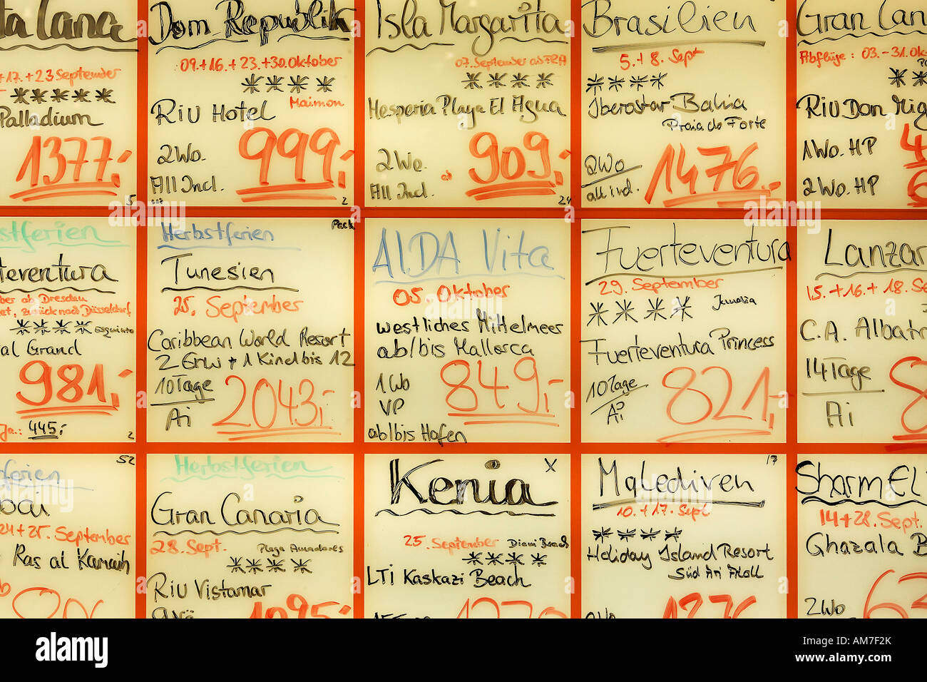 Wall showing last minute offers, travelling market, airport Duesseldorf, NRW, Germany Stock