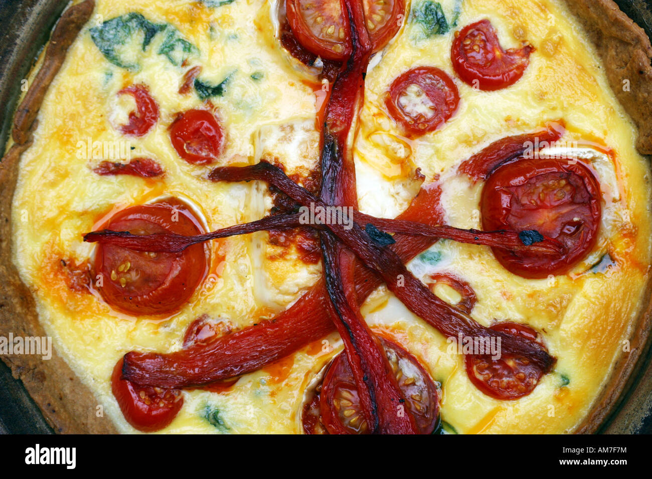 Quich is a baked flan or tart with a savory filling thickened with eggs. Stock Photo