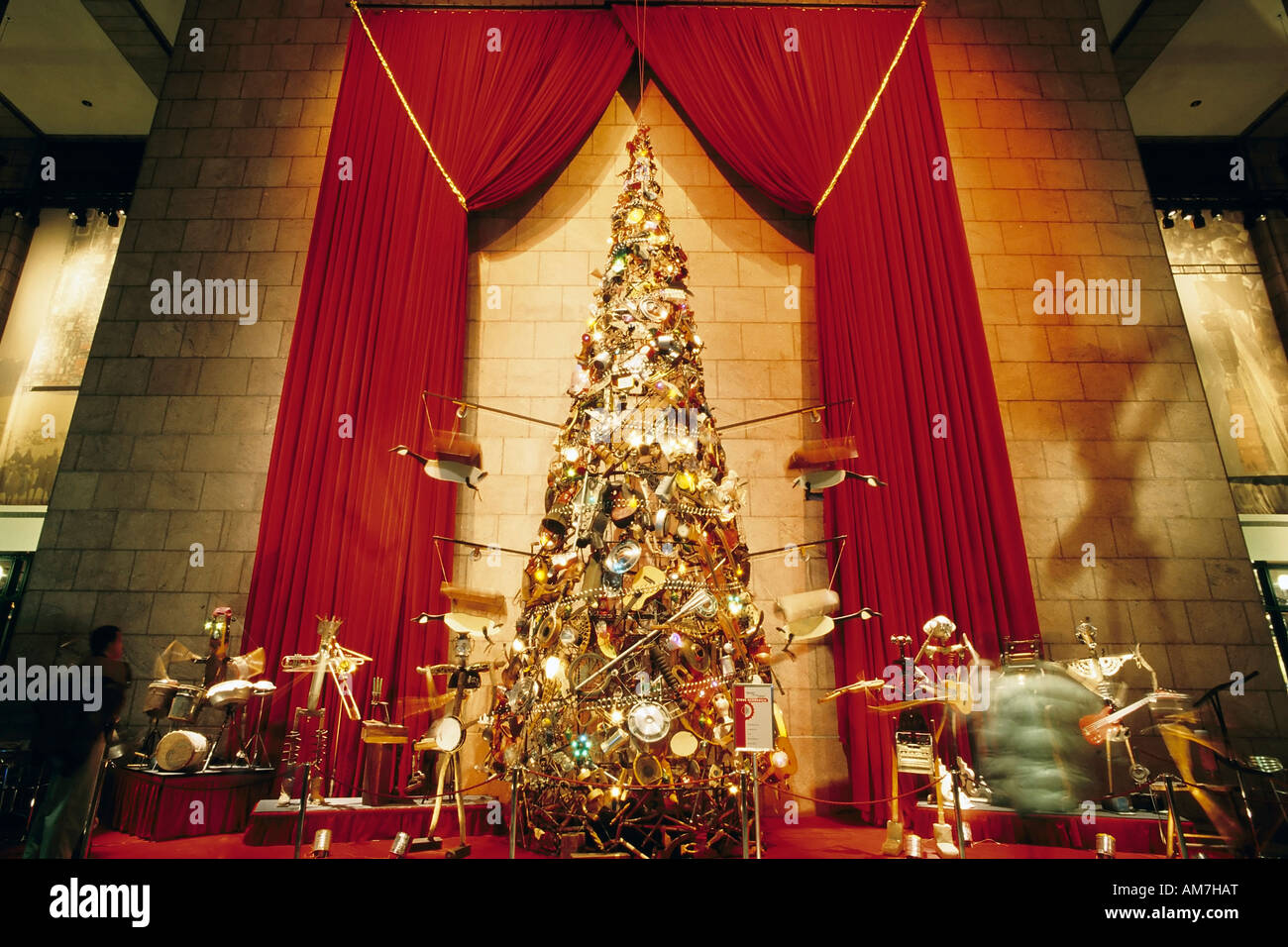 Surrealistic Christmas tree consisting of everyday objects, art installation, Sony Plaza, New York City, USA Stock Photo