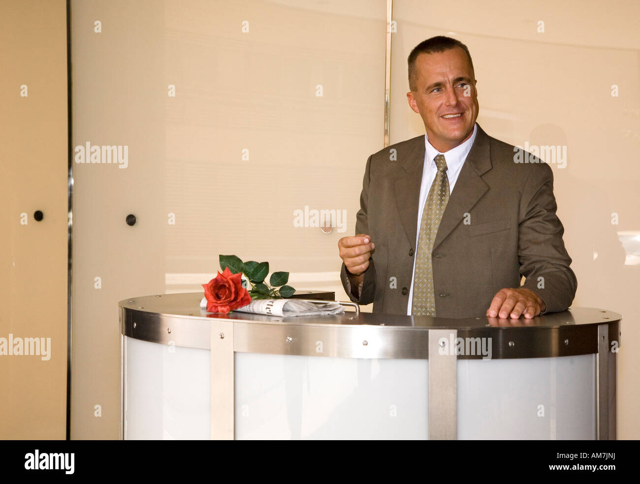 Man practising a speech for a company party Stock Photo