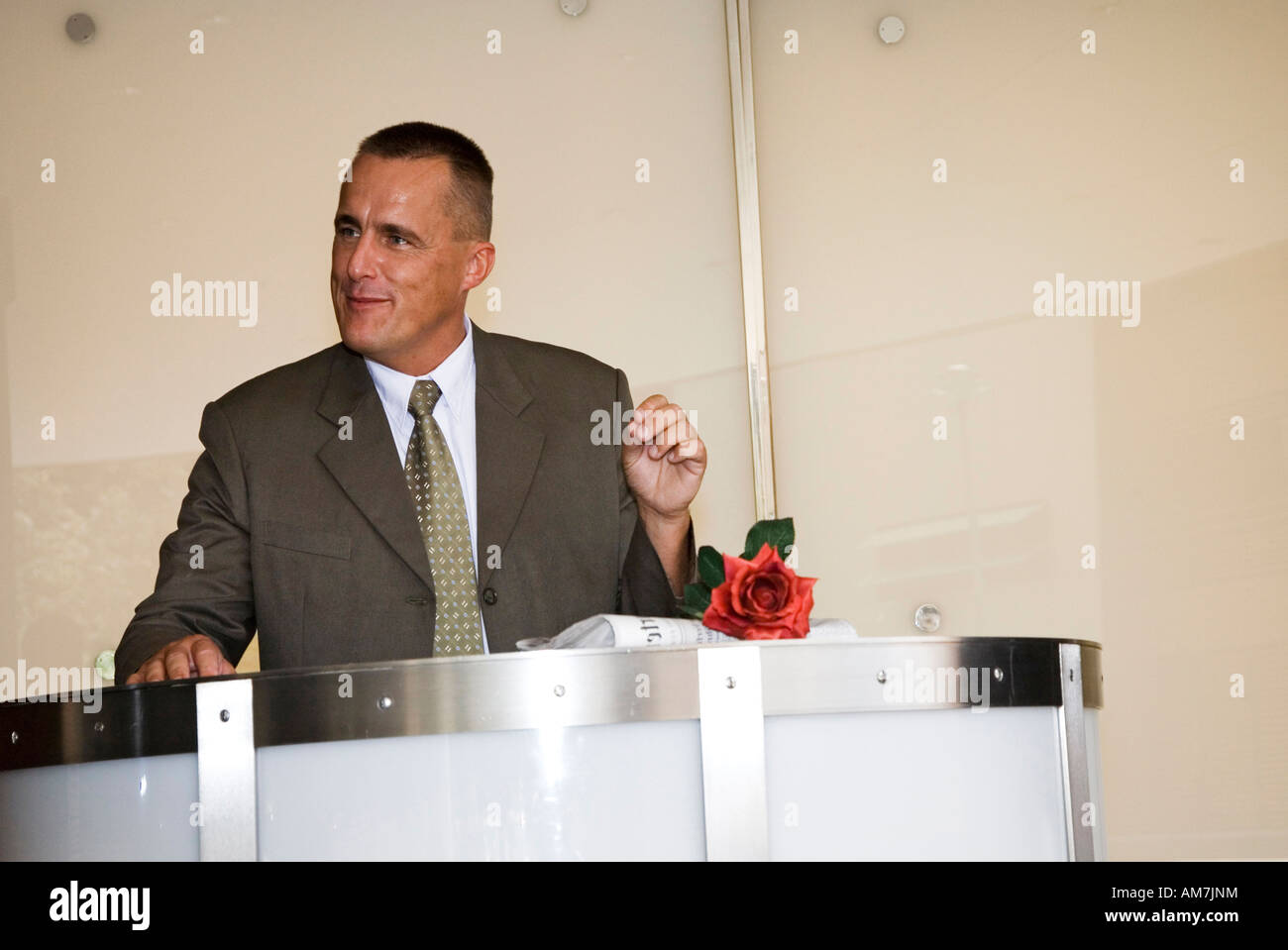 Man practising a speech for a company party Stock Photo