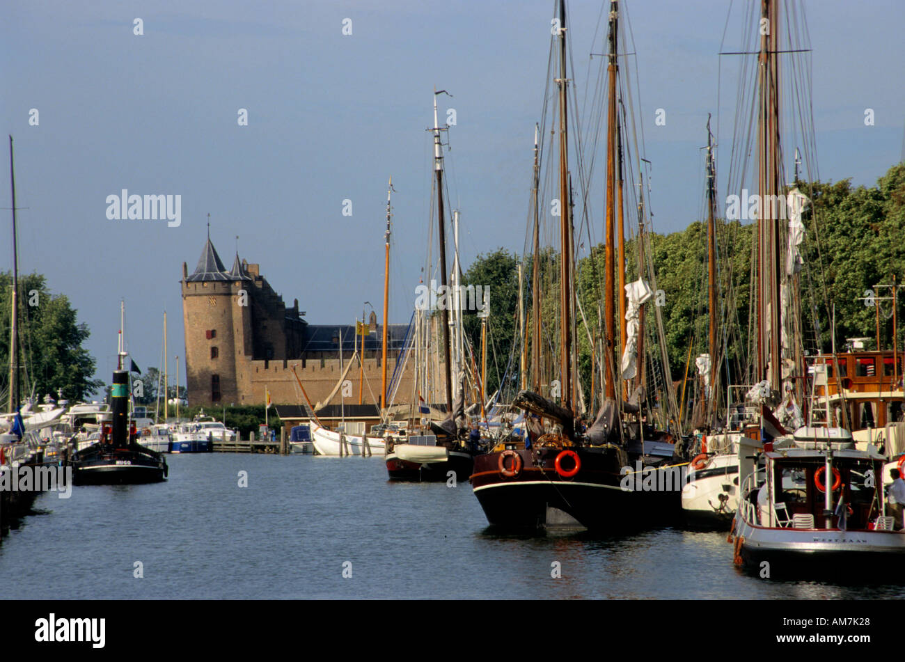 Netherlands Muiderslot Muiden IJsselmeer Castle Mediaval Port harbor Boat Stock Photo