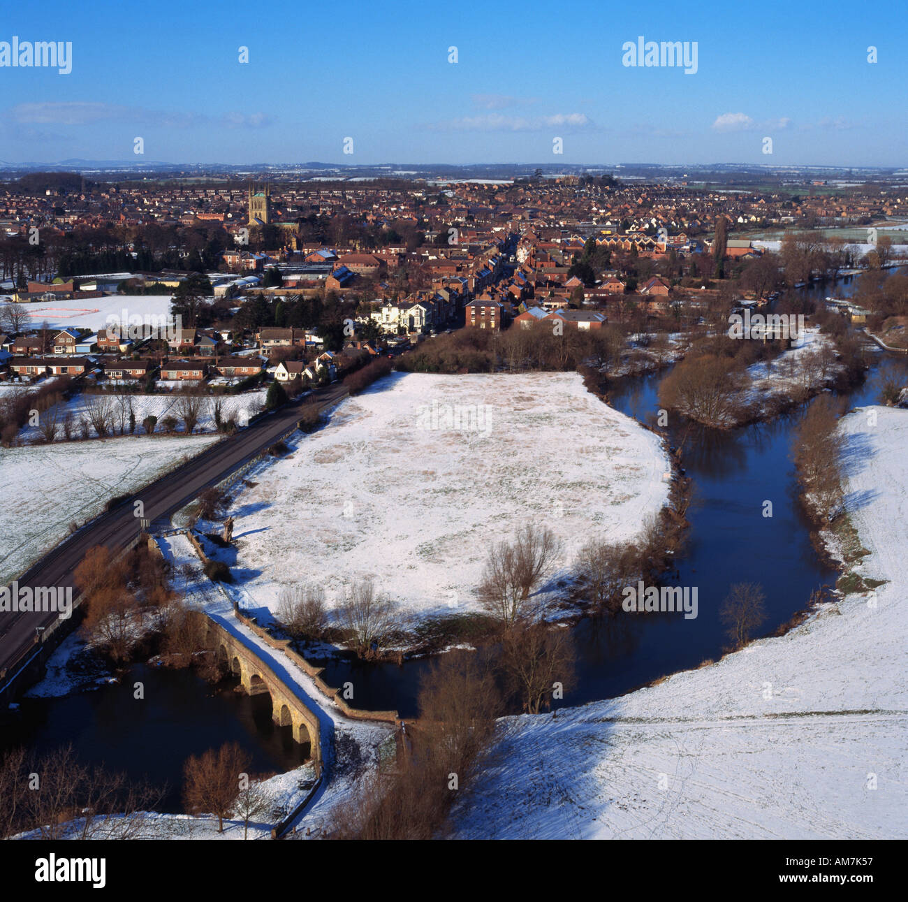 River Avon and historic Pershore market town Worcestershire UK aerial view Stock Photo