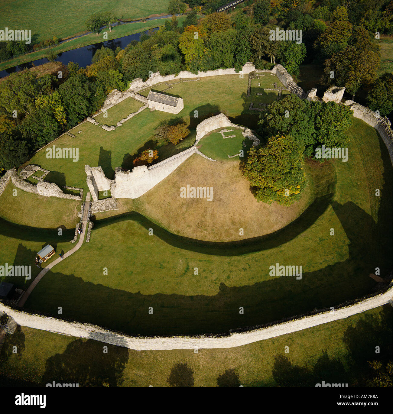 Pickering Castle with motte bailey Yorkshire UK aerial view Stock Photo