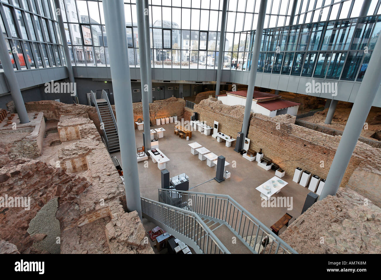 Roman public bath, covered with a modern glass building, Trier, Rhineland-Palatinate, Germany Stock Photo