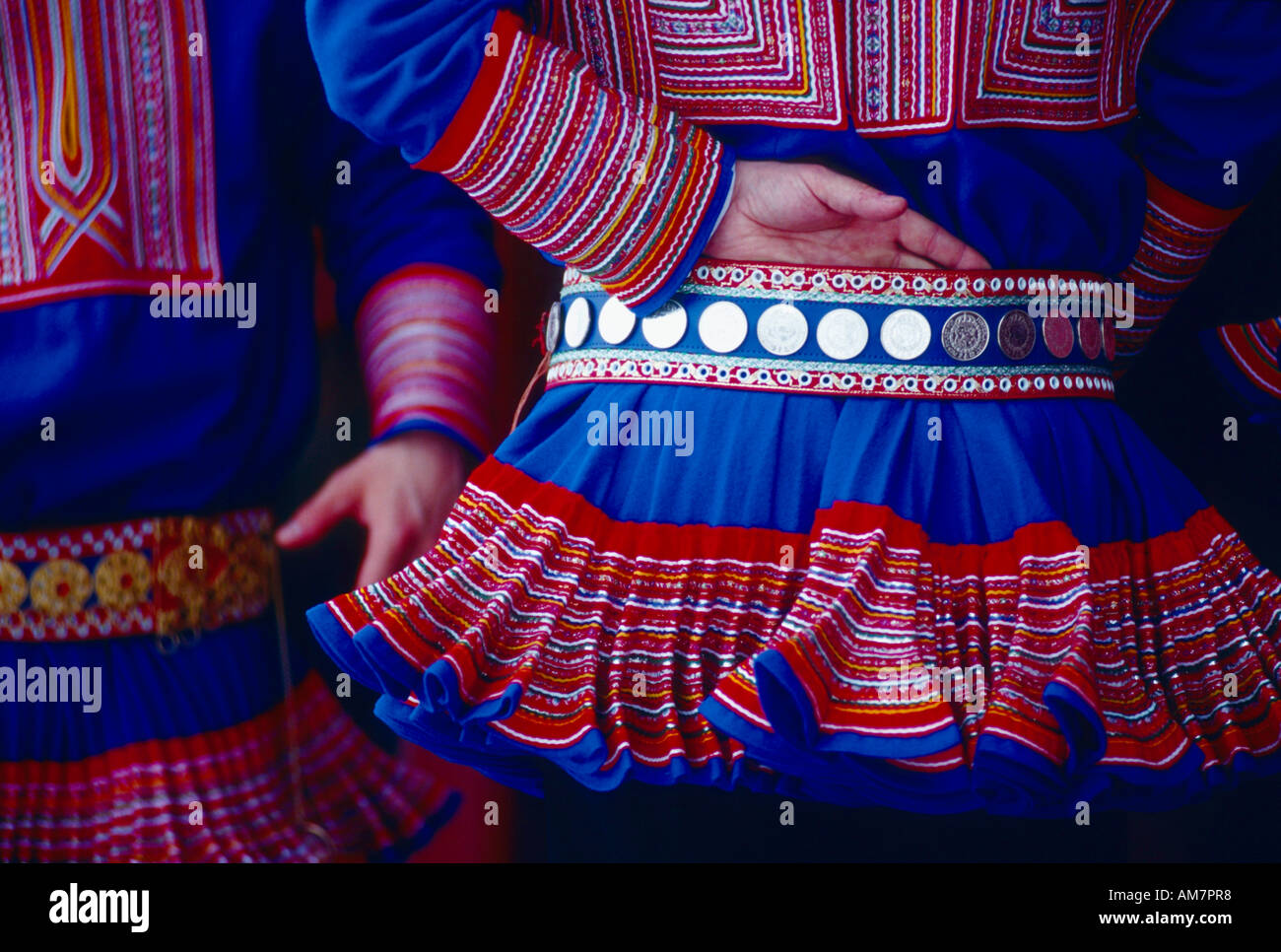Kautokeino Norway, Detail of colourfull Kilts, saami people, north scandinavia Stock Photo