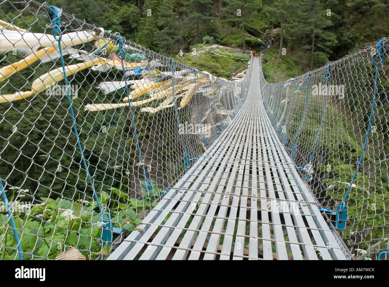 Swing bridge made of steel over Dudh Kosi river, Solukhumbu, Khumbu, Nepal Stock Photo