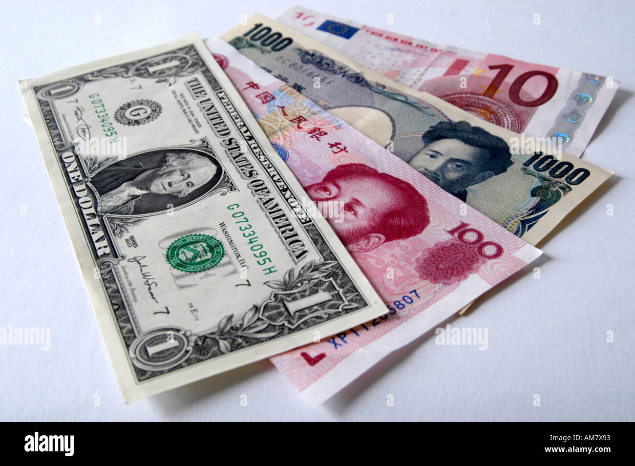Mix of foreign currency banknotes Stock Photo