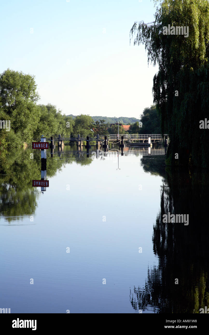 View of Sonning weir on river Thames from Thames path 2 Stock Photo