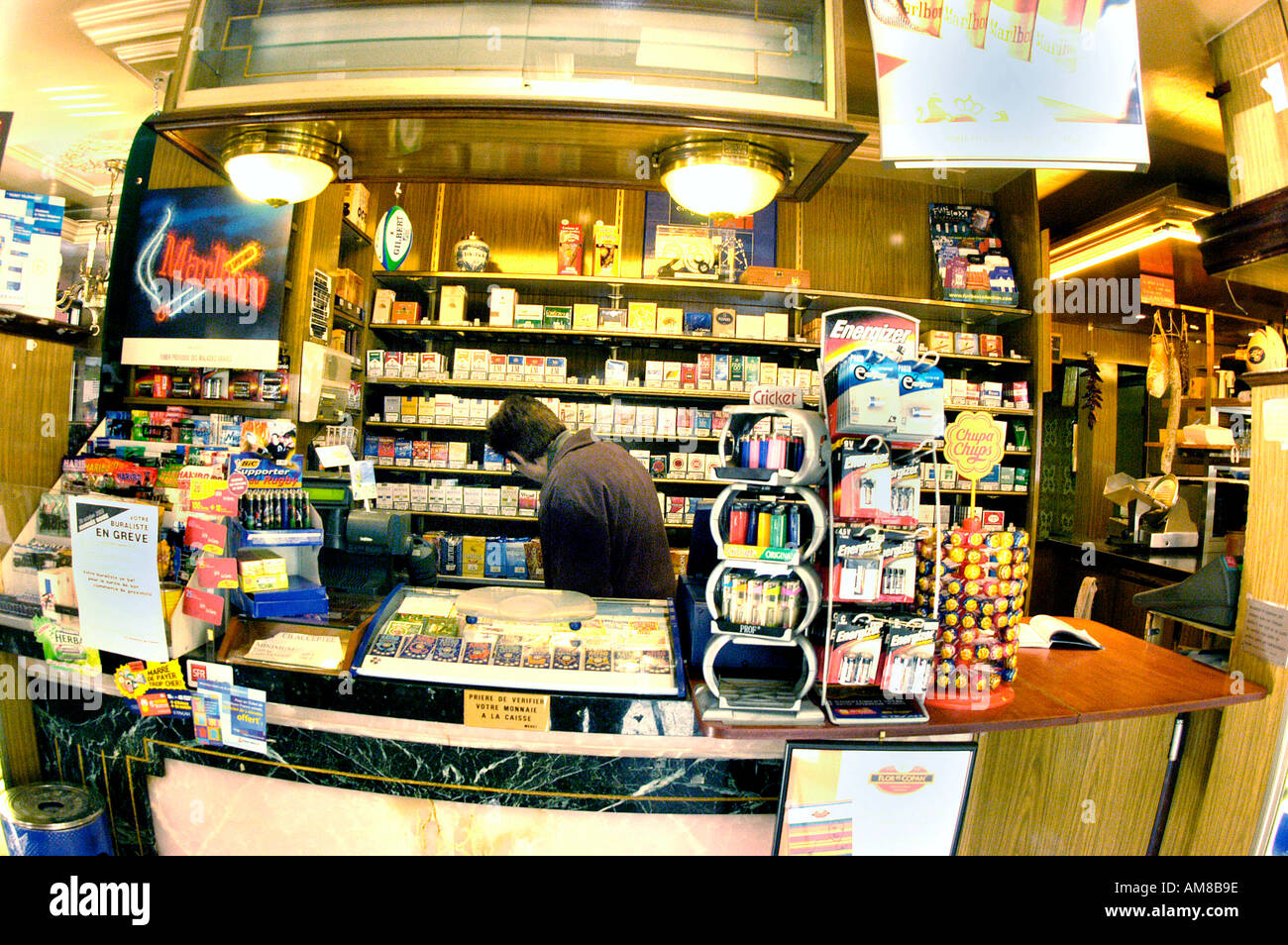 Paris France, French Tobacco Shop Paris Café, 'Le Gallia', Cigarettes on Sale Counter Display Stock Photo