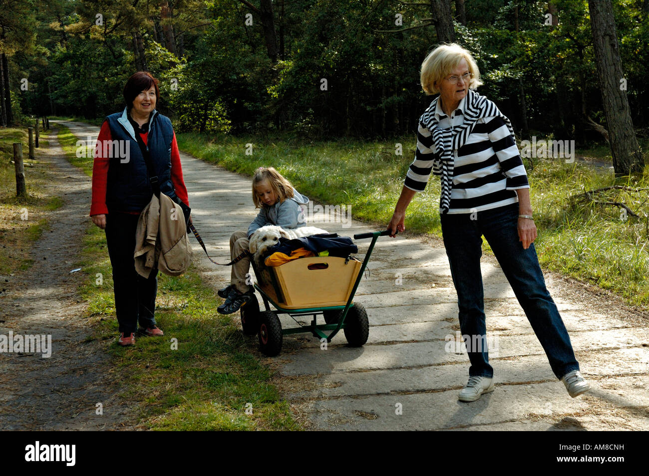 2 women with child, pet dog and wagon taking a rest on track in forest, Northern Germany. Stock Photo