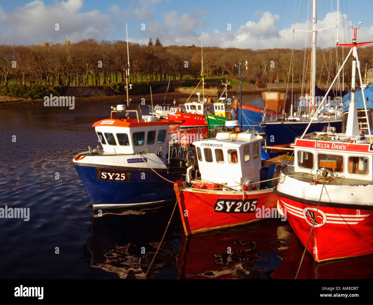 Fishing boats moored Cromwell Street Quay Stornoway Harbour Stornoway Isle of Lewes Outer Hebrides Western Isles Scotland Stock Photo