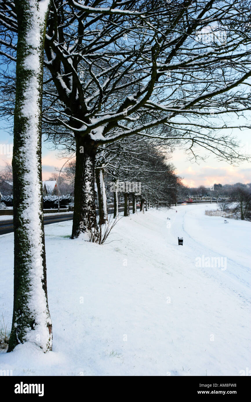 Snow covered winter trees leading into the distance along the River Dee, Aberdeen, Scotland. Stock Photo