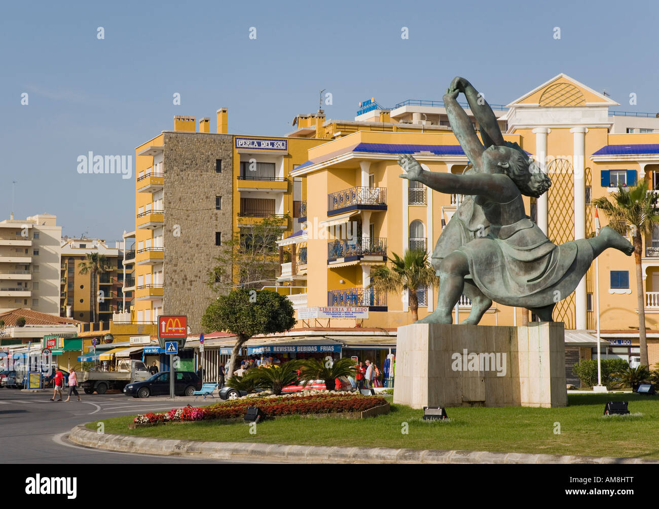 Torremolinos Costa del Sol Malaga Province Spain Statue of Pablo Picasso painting Two Women Running on the Beach The Race Summer Stock Photo