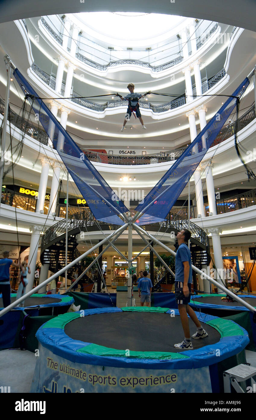 Boy on Jumpzone bungee trampoline in Whiteleys Shopping Centre
