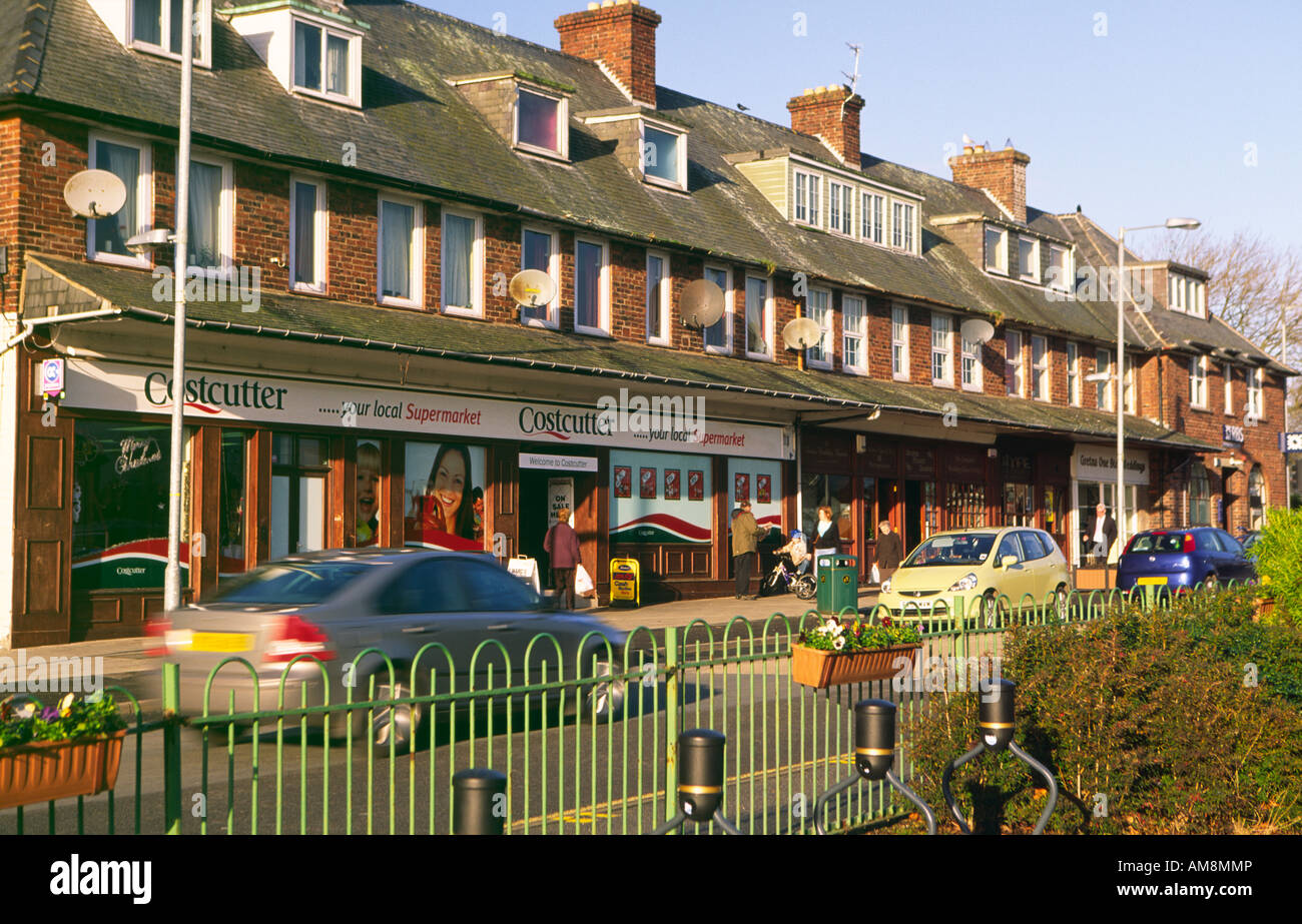 Cars parked beside shops and shopper on Central Avenue in the small