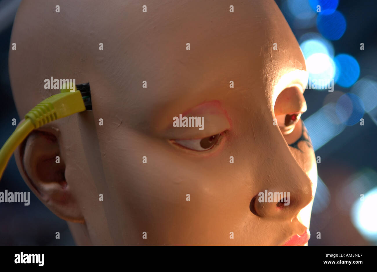 mannequin head connected to ethernet cable Stock Photo