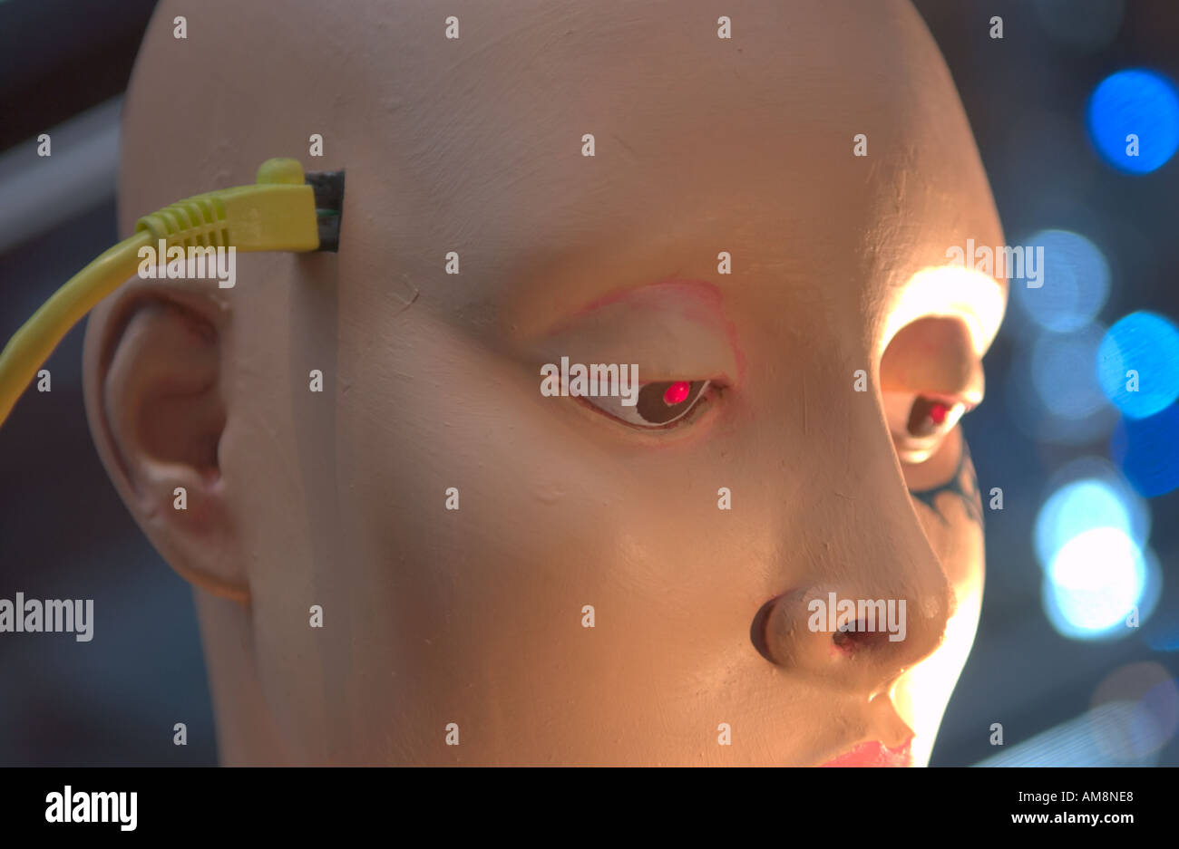 mannequin head connected to ethernet cable Stock Photo