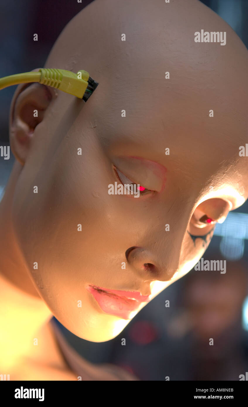 mannequin head connected to ethernet cable Stock Photo