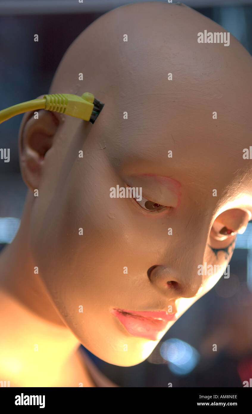 mannequin head connected to ethernet cable Stock Photo