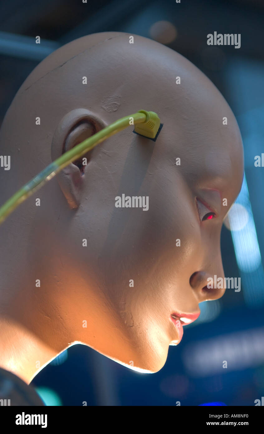 mannequin head connected to ethernet cable Stock Photo
