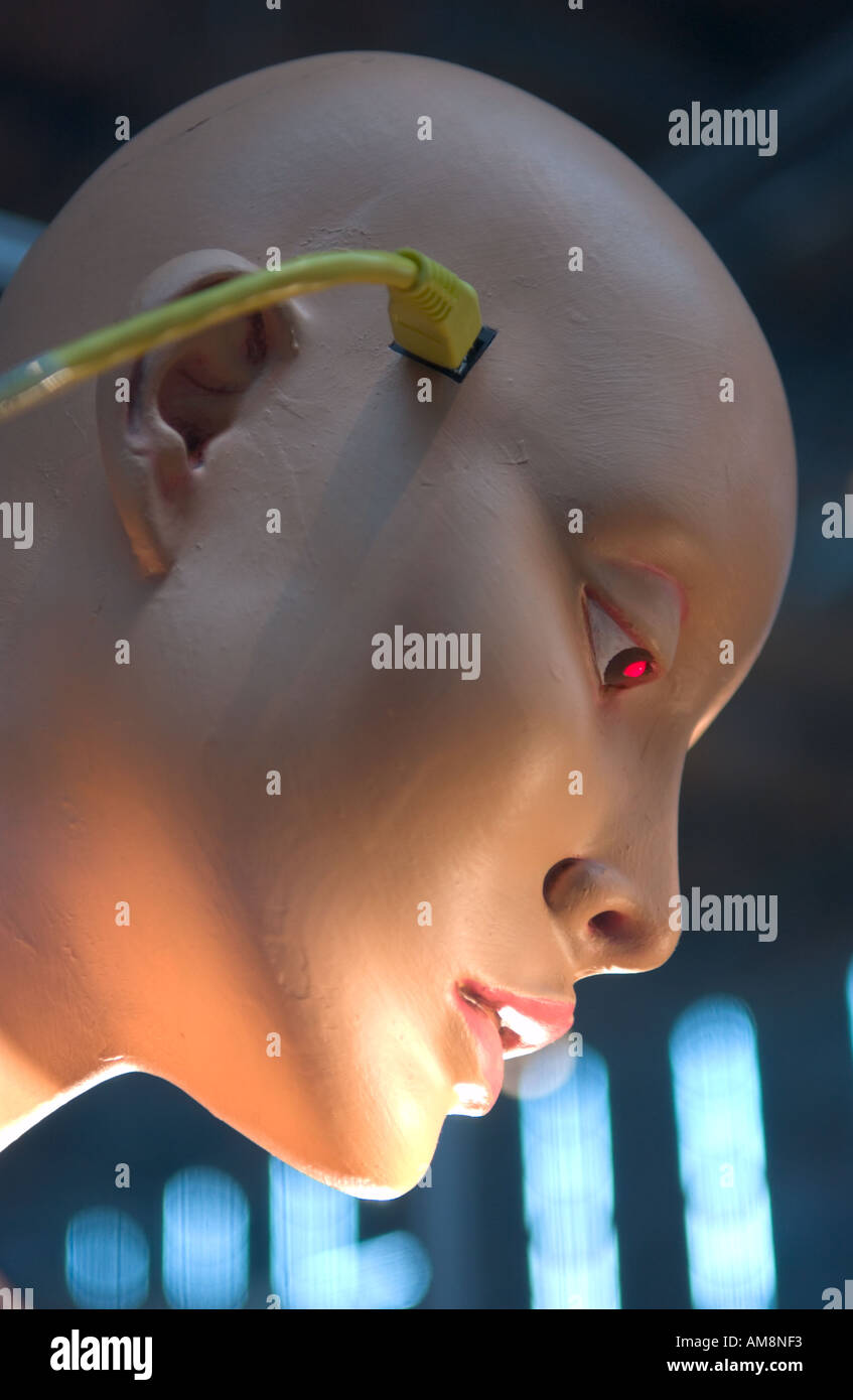 mannequin head connected to ethernet cable Stock Photo