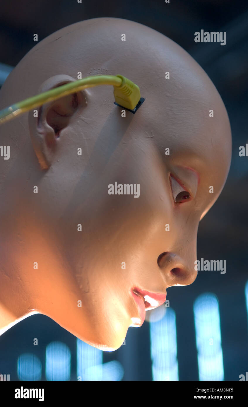 mannequin head connected to ethernet cable Stock Photo