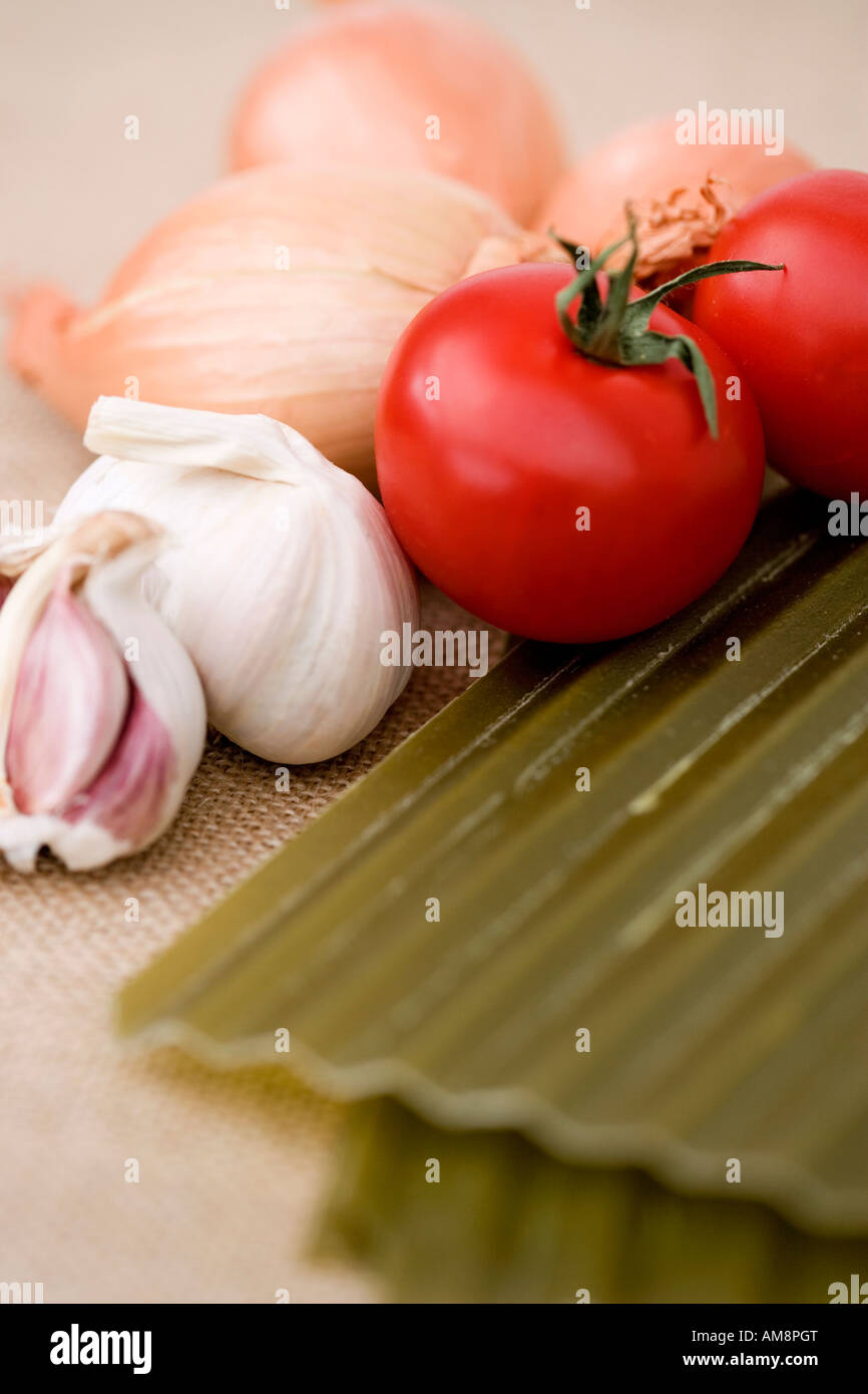 Pasta tomatoes onions and garlic Stock Photo - Alamy