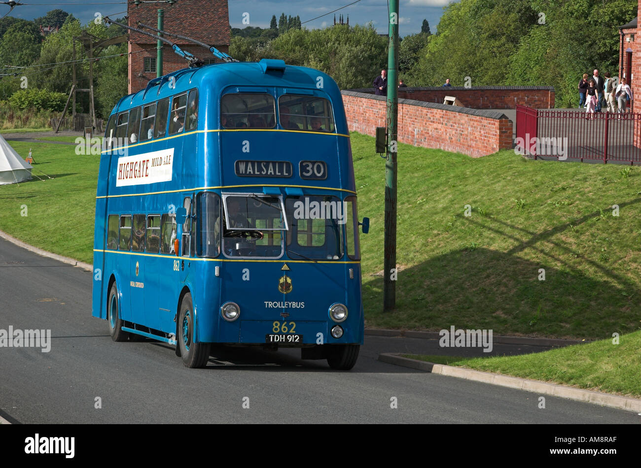 Black Country museum Dudley Historic electric trolley bus Stock Photo
