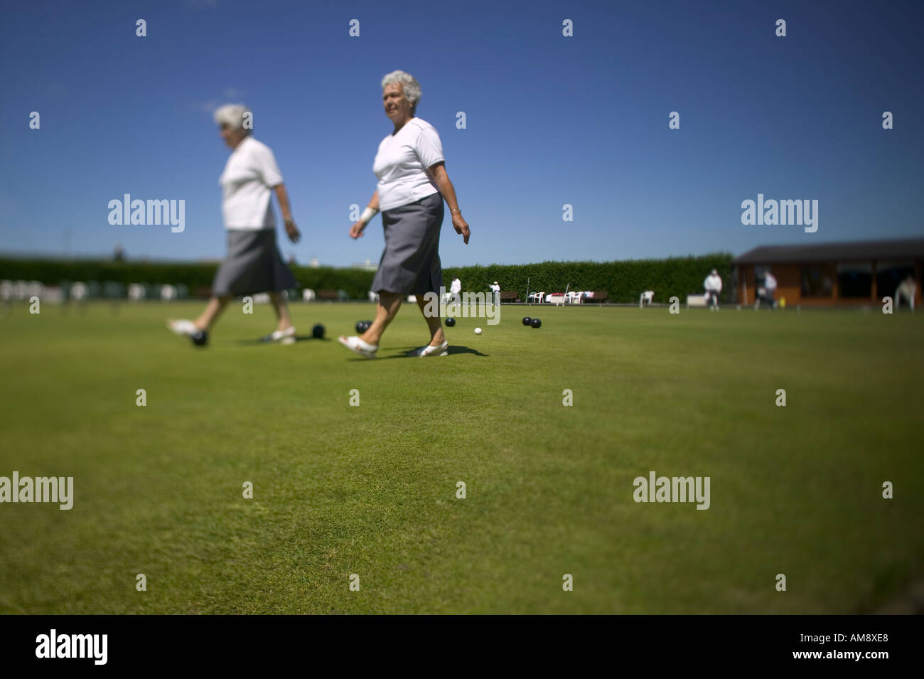 Retired persons playing lawn green bowls in Jersey Channel Islands Stock Photo