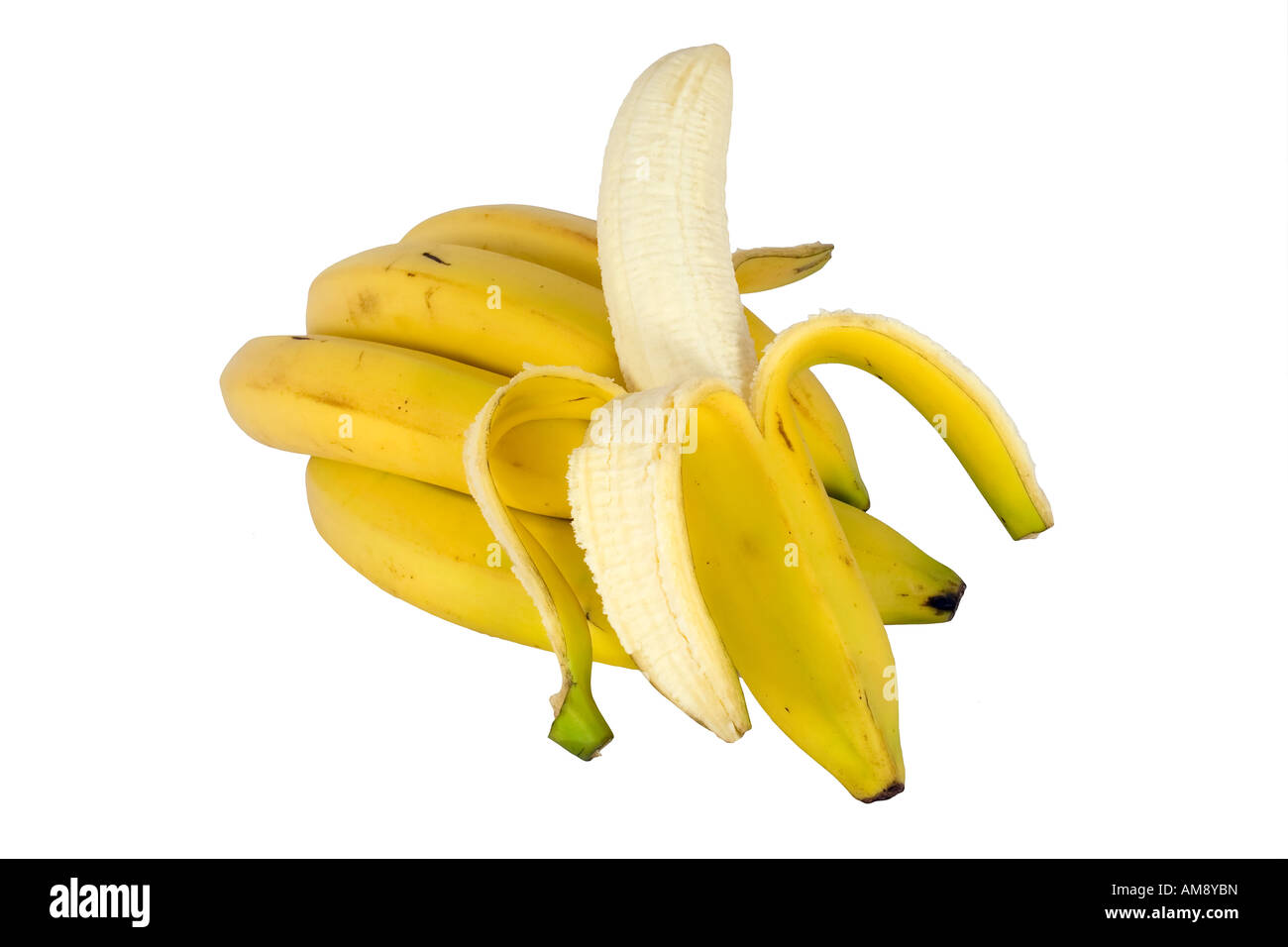 Peeled banana near a cluster of ripe bananas Stock Photo