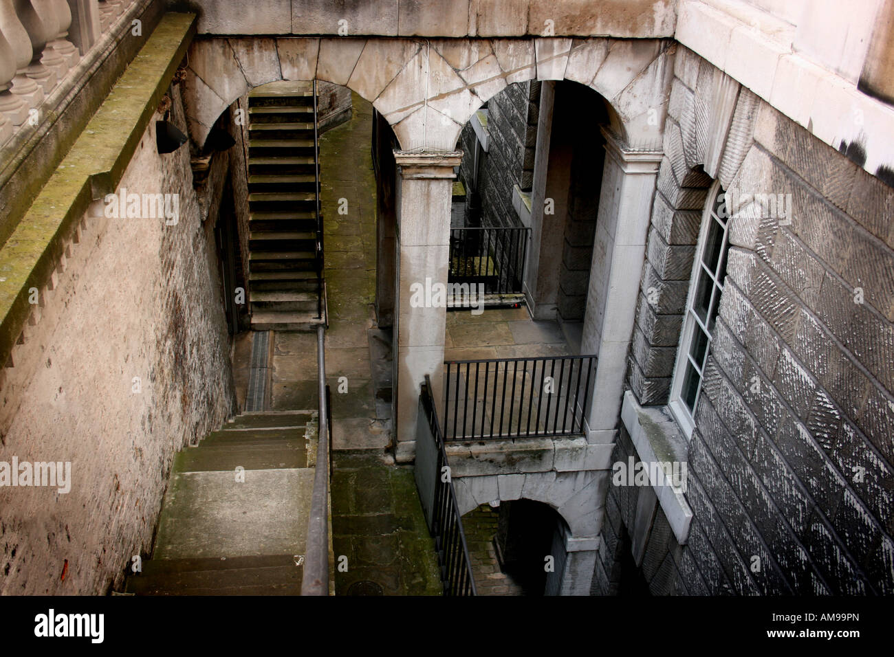 Steps leading down into the basement of Somerset House, London, England