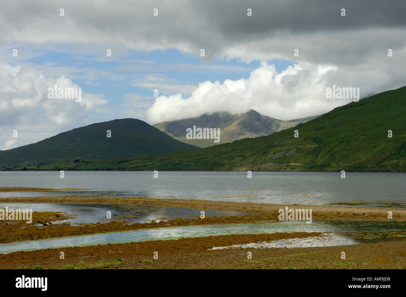 Northwest across Killary Harbour from the village of Leenaun in County Galway to the Mweelrea Mountains in County Mayo, Ireland. Stock Photo