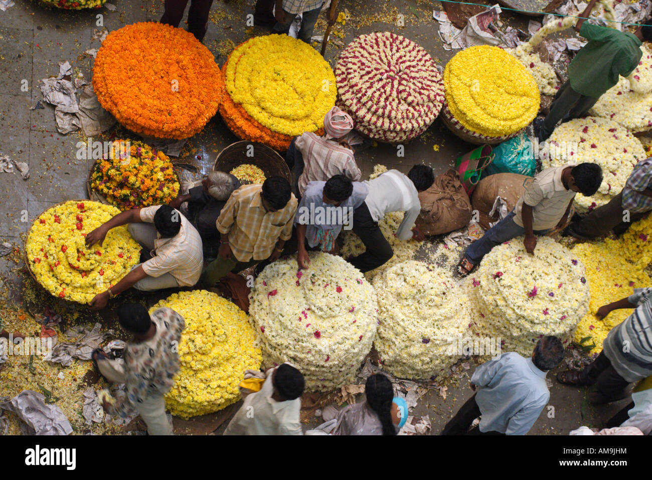 Flowers for sale in baskets at the City Market, Bangalore, India Stock