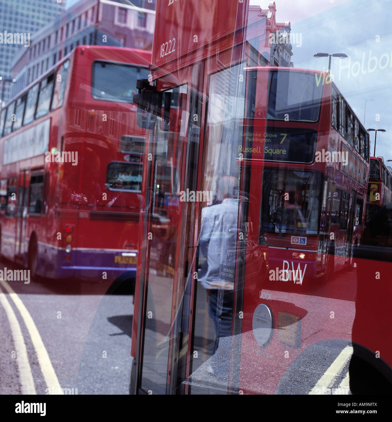 Double-decker buses in London. Stock Photo
