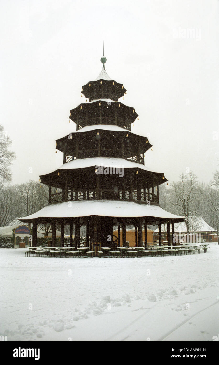 The Chinese Tower, in Munich's Englischer Garten, seen in snow Stock