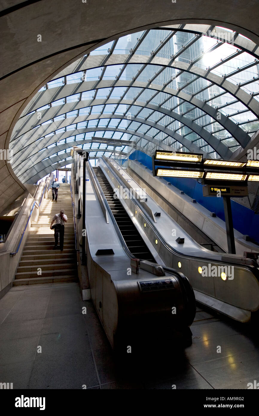 Escalators at Canary Wharf Underground station London Stock Photo