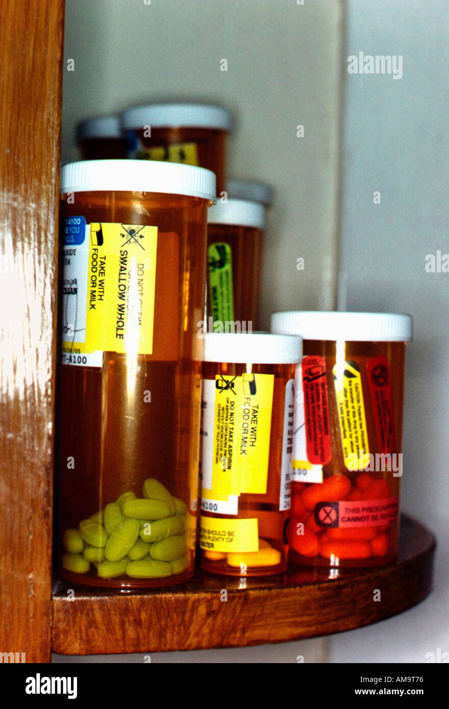 Still Life of Many Bottles of Prescription Drugs on a Shelf Copy Space Stock Photo