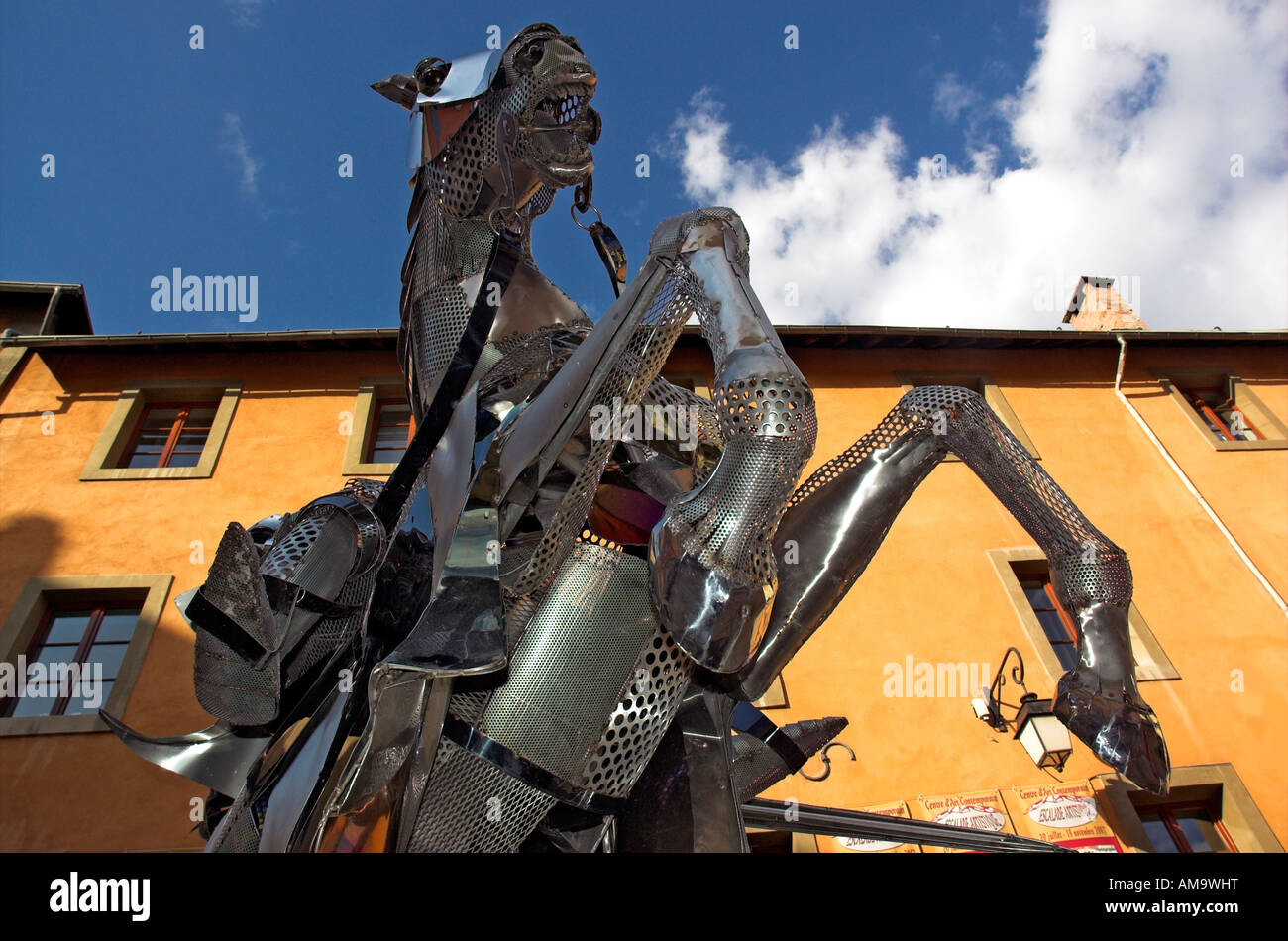 A sculpture of a knight in shining armour in the town square Place d'Armes in the French town of Briancon Stock Photo