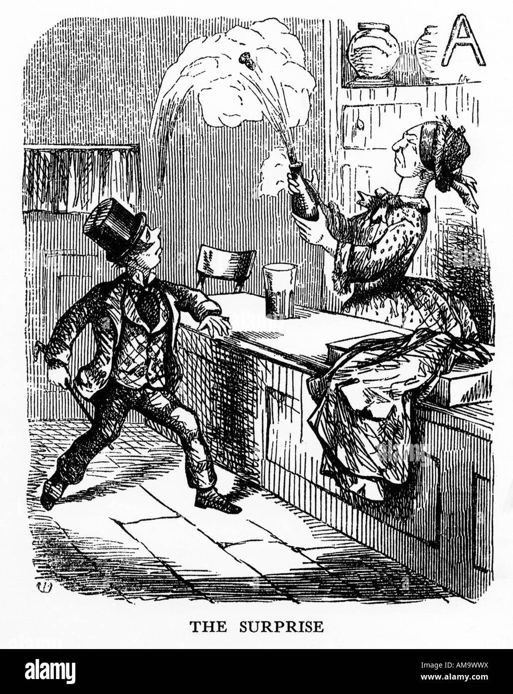 Champagne Surprise Victorian cartoon of an unexpected opening of a bottle in the wine shop Stock Photo