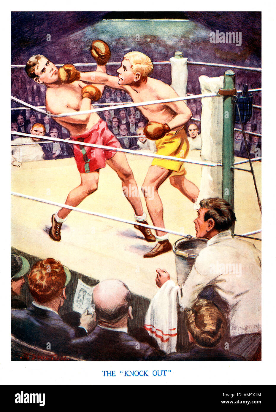 Knock Out 1920s boys magazine illustration of a boxing match where a straight right to the jaw does the trick with a knock out punch Stock Photo