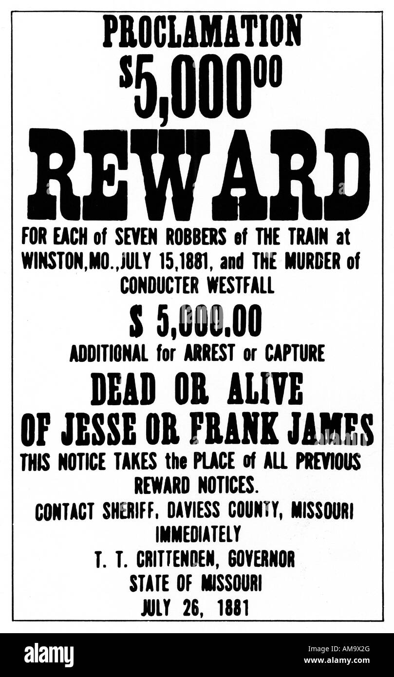 Jesse James Wanted poster issued by the Governor of Missouri after an 1881 train robbery in which a conductor was killed Stock Photo