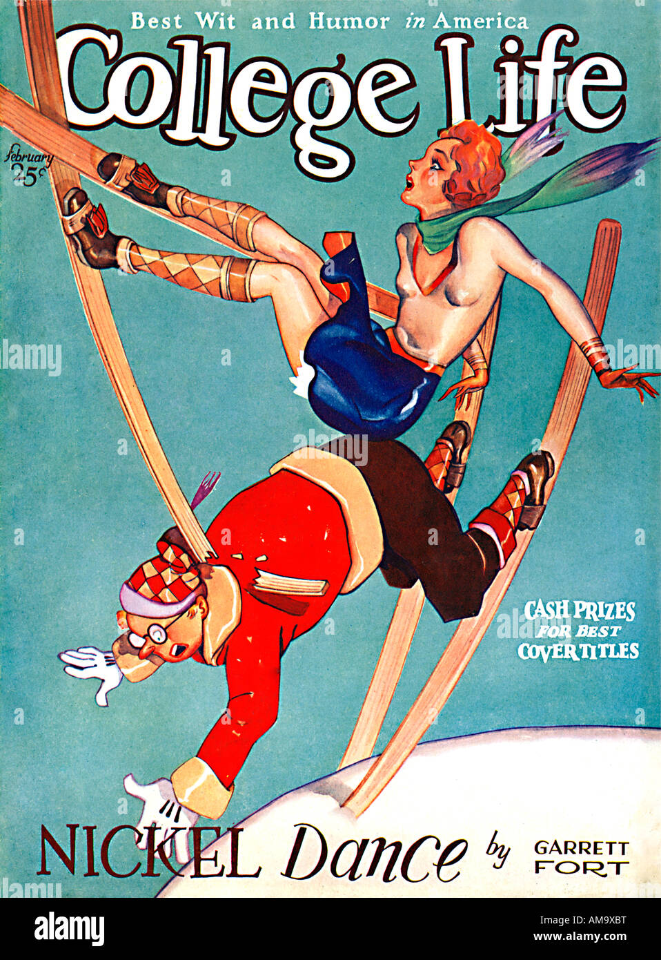 College Life Skiing cover of the American humourous magazine from 1931 a bit of an accident on the piste Stock Photo